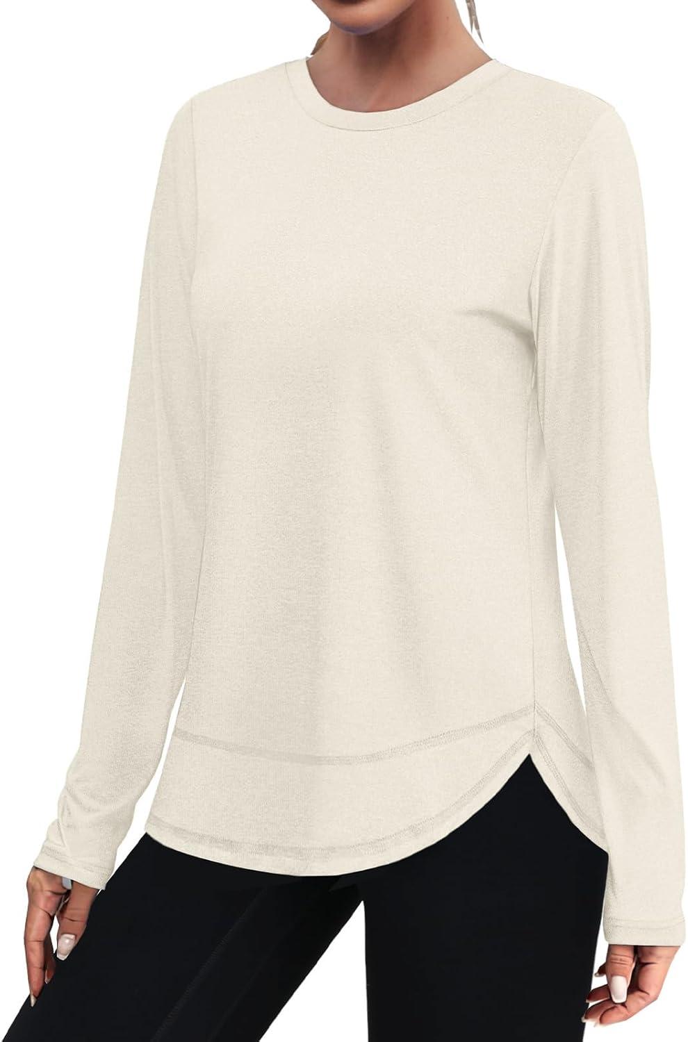 imageXIEERDUO Womens Workout Tops Long Sleeve Quick Dry UPF 50 Sun Protection Shirts for Hiking Running S3XL10 Cream White