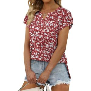 XIEERDUO Womens Summer Tops Casual V Neck T Shirts Short Sleeve Shirts Loose Fit Flowy(Z Floral Wine)