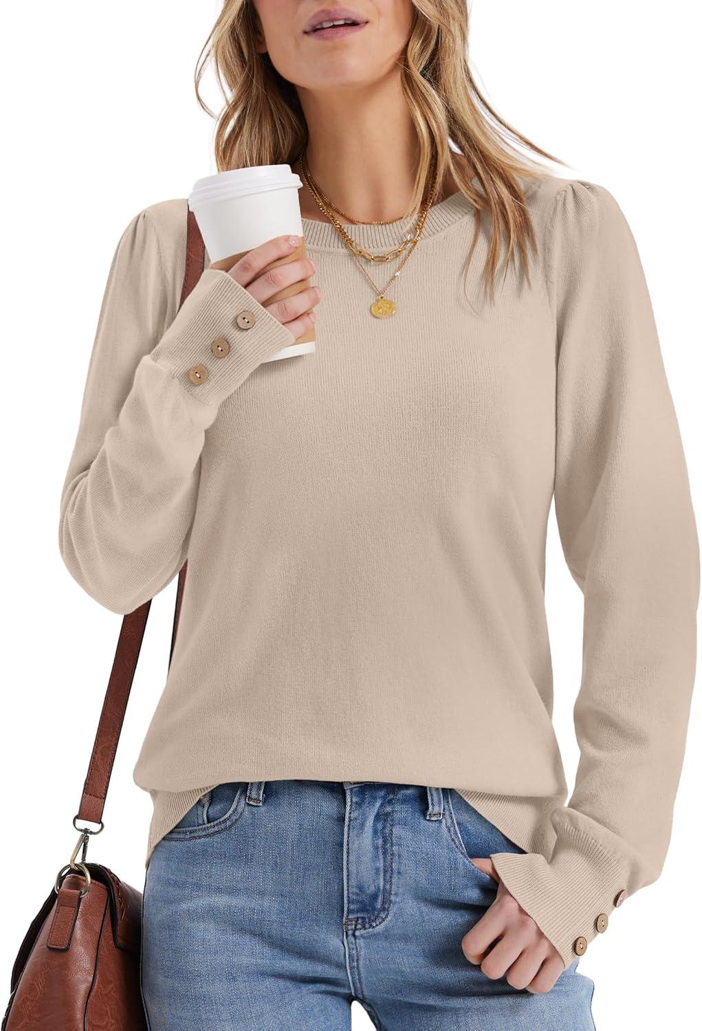 imageWomens Sweaters Fall Fashion 2025 Long Sleeve Button Cuff Soft Knit Pullover Trendy Tops Dressy Casual BlousesApricot