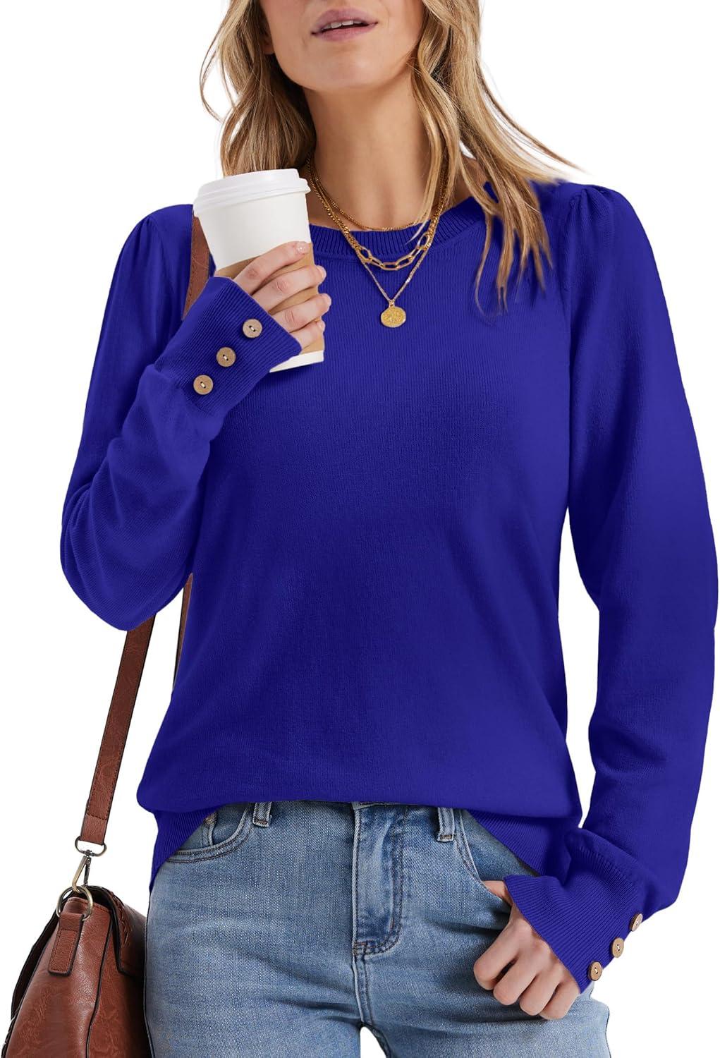 imageWomens Sweaters Fall Fashion 2025 Long Sleeve Button Cuff Soft Knit Pullover Trendy Tops Dressy Casual BlousesBlue