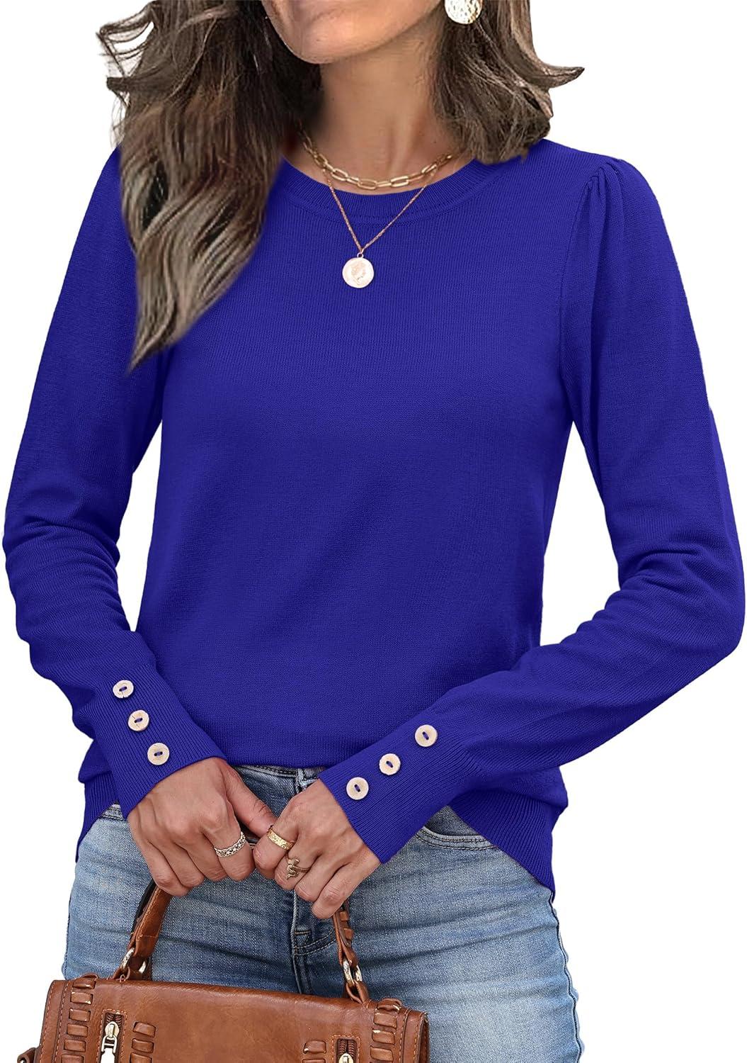 imageWomens Sweaters Fall Fashion 2025 Long Sleeve Button Cuff Soft Knit Pullover Trendy Tops Dressy Casual BlousesBlue