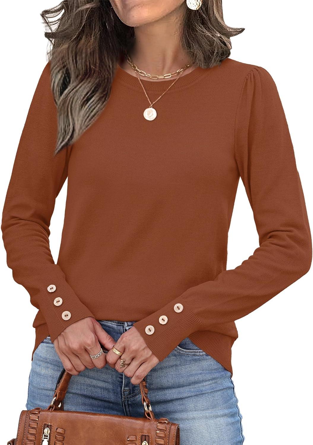 imageWomens Sweaters Fall Fashion 2025 Long Sleeve Button Cuff Soft Knit Pullover Trendy Tops Dressy Casual BlousesCaramel