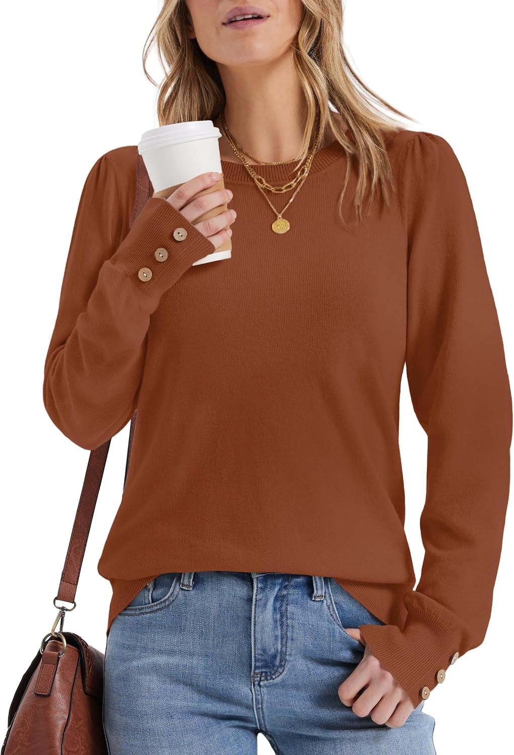imageWomens Sweaters Fall Fashion 2025 Long Sleeve Button Cuff Soft Knit Pullover Trendy Tops Dressy Casual BlousesCaramel