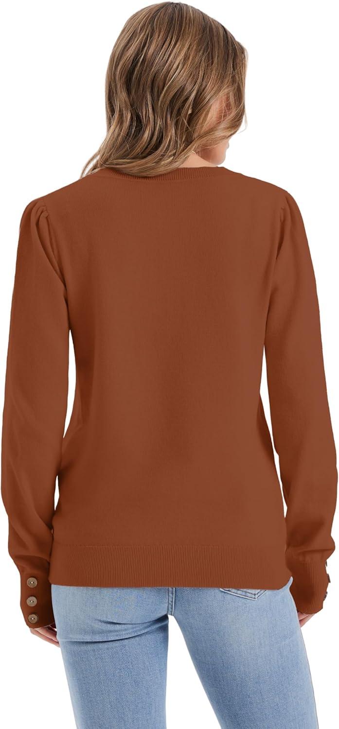 imageWomens Sweaters Fall Fashion 2025 Long Sleeve Button Cuff Soft Knit Pullover Trendy Tops Dressy Casual BlousesCaramel