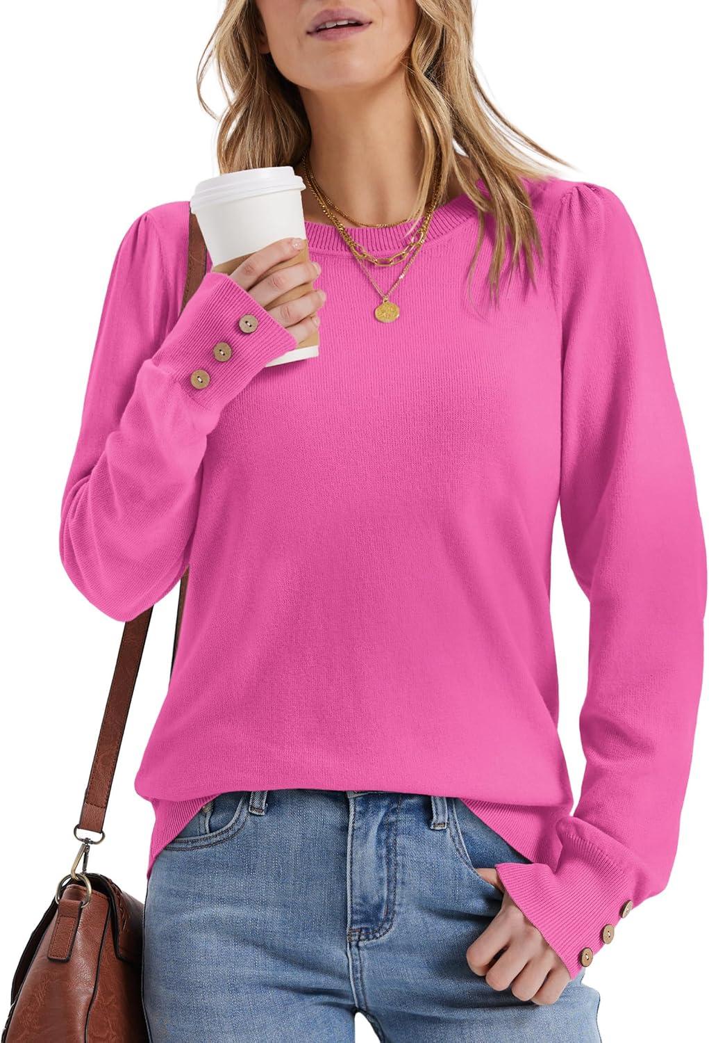 imageWomens Sweaters Fall Fashion 2025 Long Sleeve Button Cuff Soft Knit Pullover Trendy Tops Dressy Casual BlousesPink