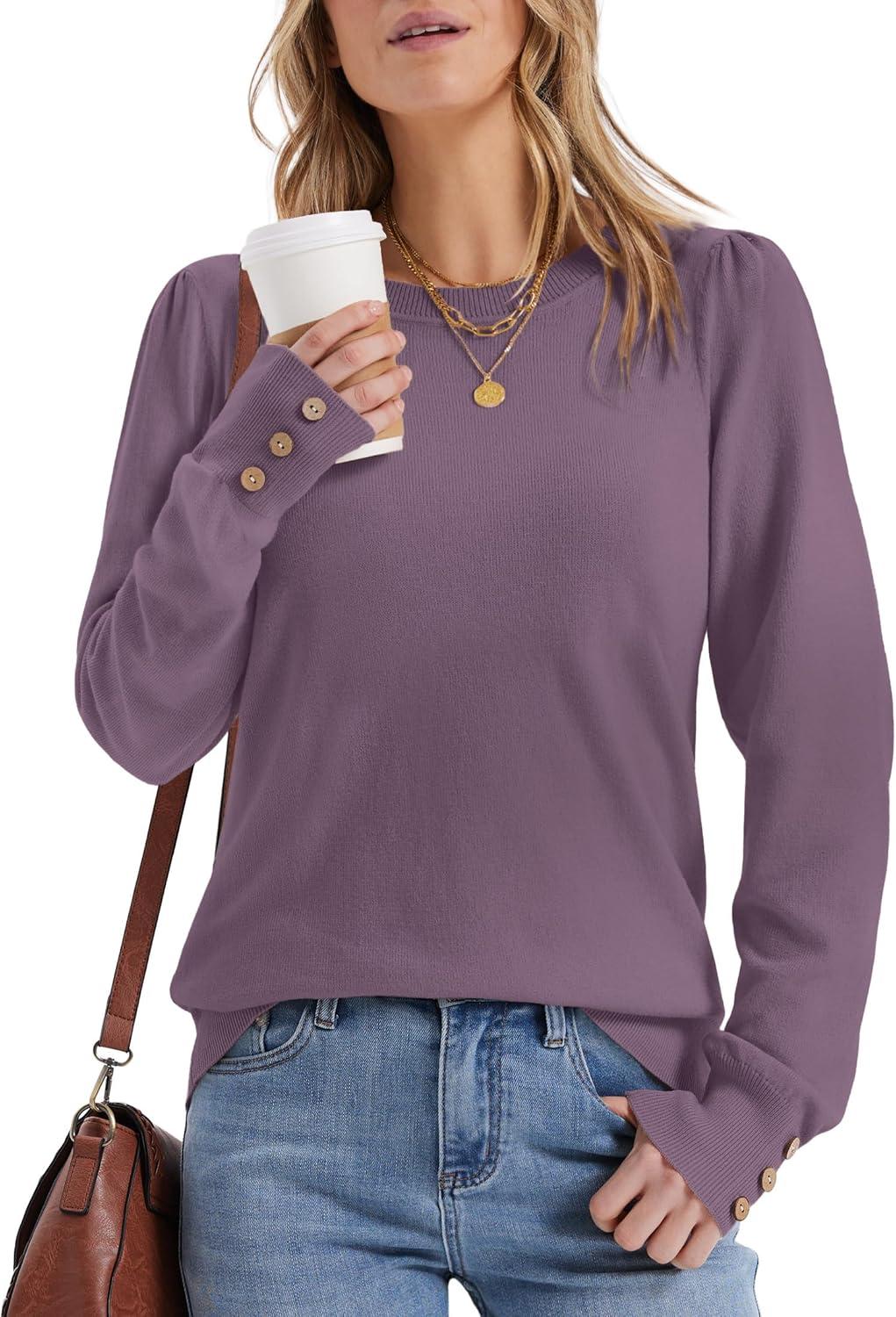 imageWomens Sweaters Fall Fashion 2025 Long Sleeve Button Cuff Soft Knit Pullover Trendy Tops Dressy Casual BlousesPurple
