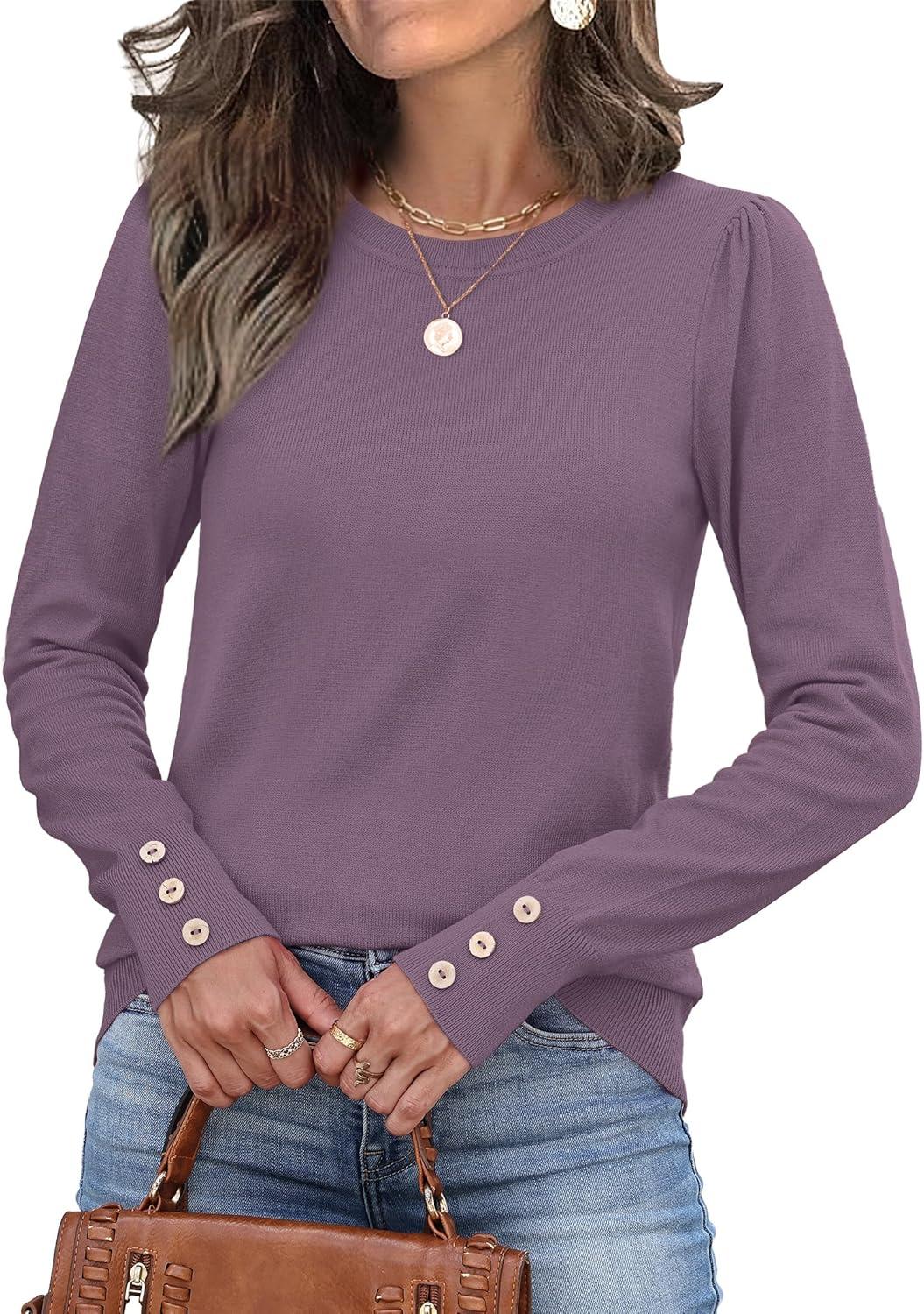 imageWomens Sweaters Fall Fashion 2025 Long Sleeve Button Cuff Soft Knit Pullover Trendy Tops Dressy Casual BlousesPurple