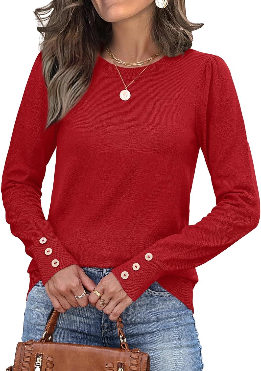 imageWomens Sweaters Fall Fashion 2025 Long Sleeve Button Cuff Soft Knit Pullover Trendy Tops Dressy Casual BlousesRed