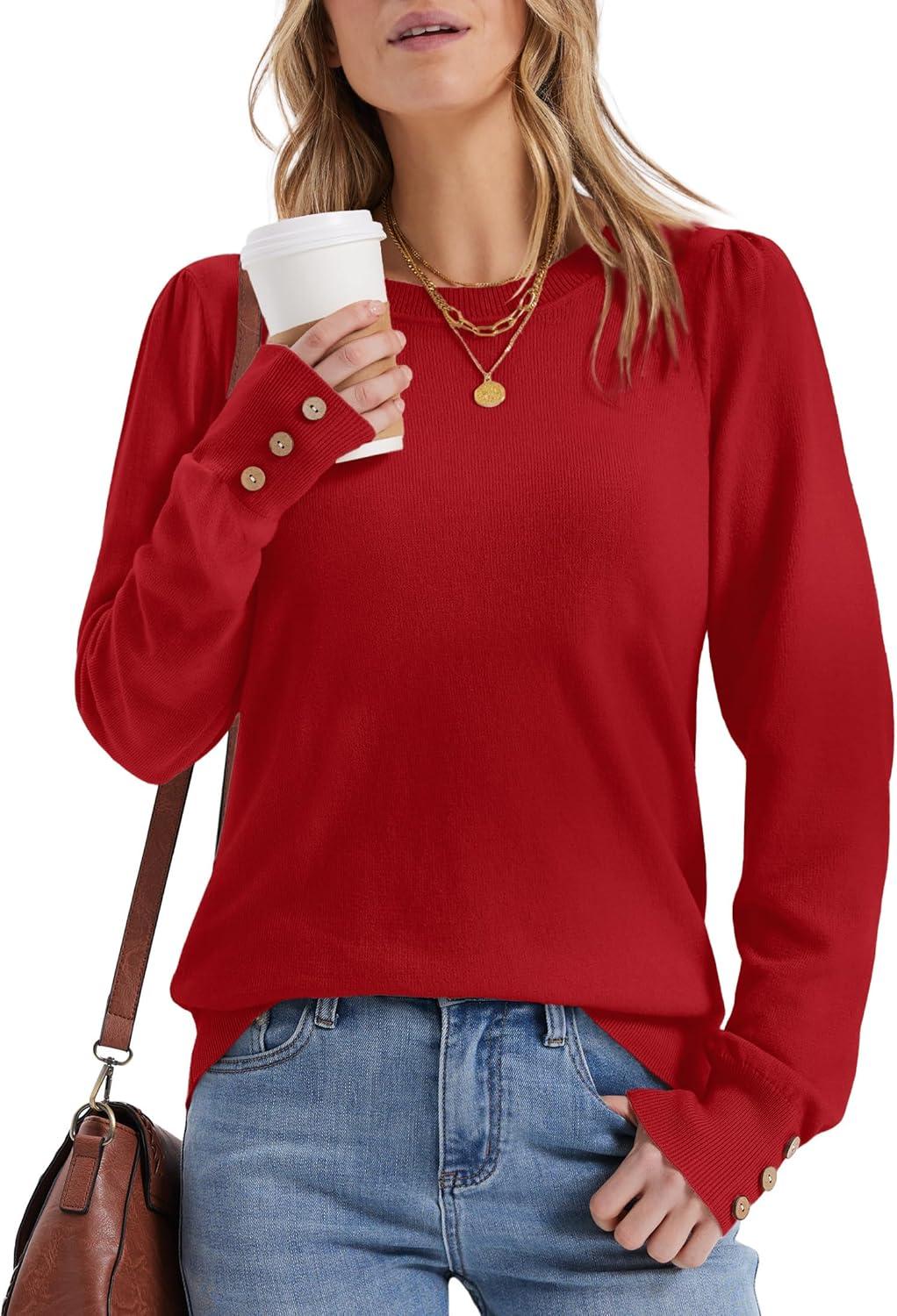 imageWomens Sweaters Fall Fashion 2025 Long Sleeve Button Cuff Soft Knit Pullover Trendy Tops Dressy Casual BlousesRed