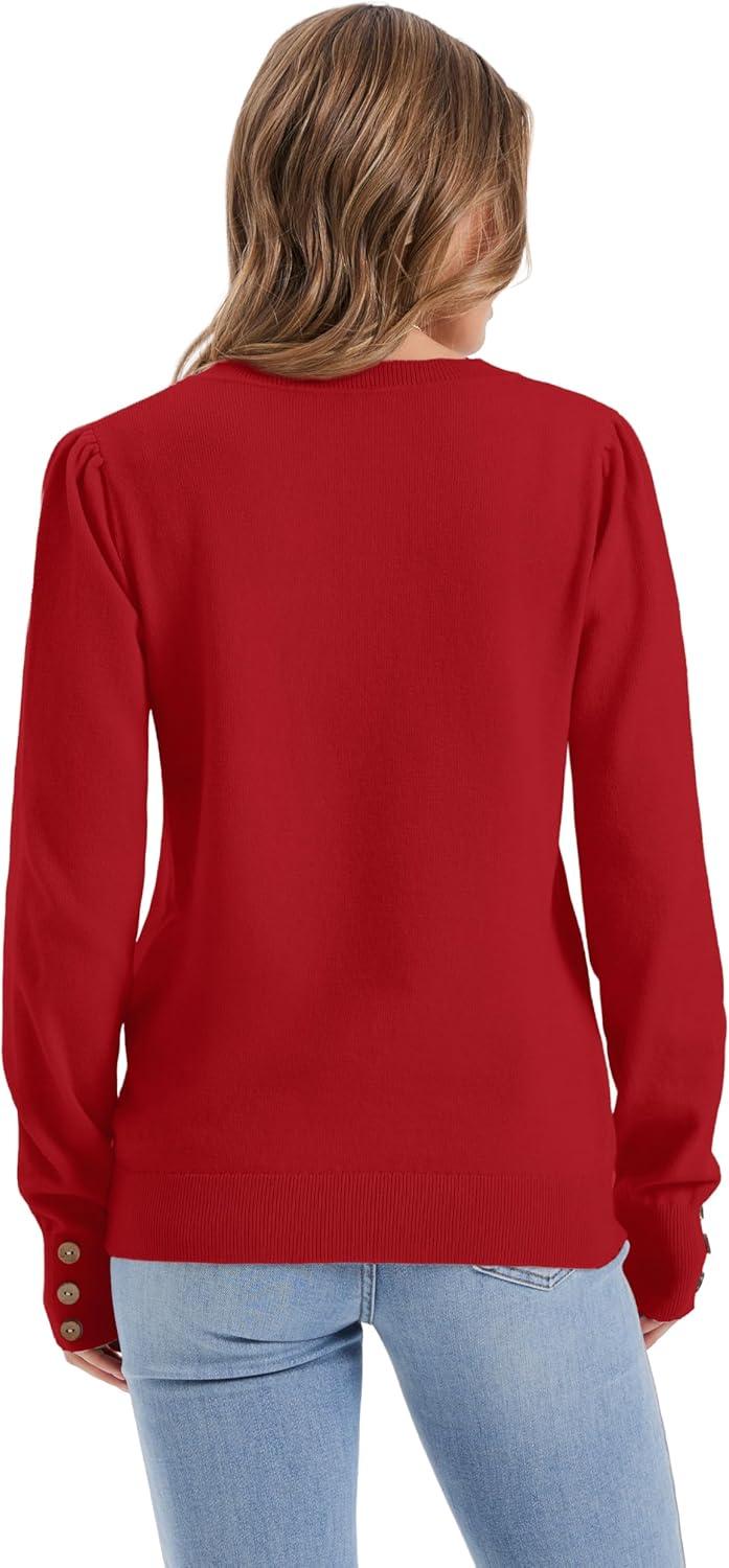imageWomens Sweaters Fall Fashion 2025 Long Sleeve Button Cuff Soft Knit Pullover Trendy Tops Dressy Casual BlousesRed