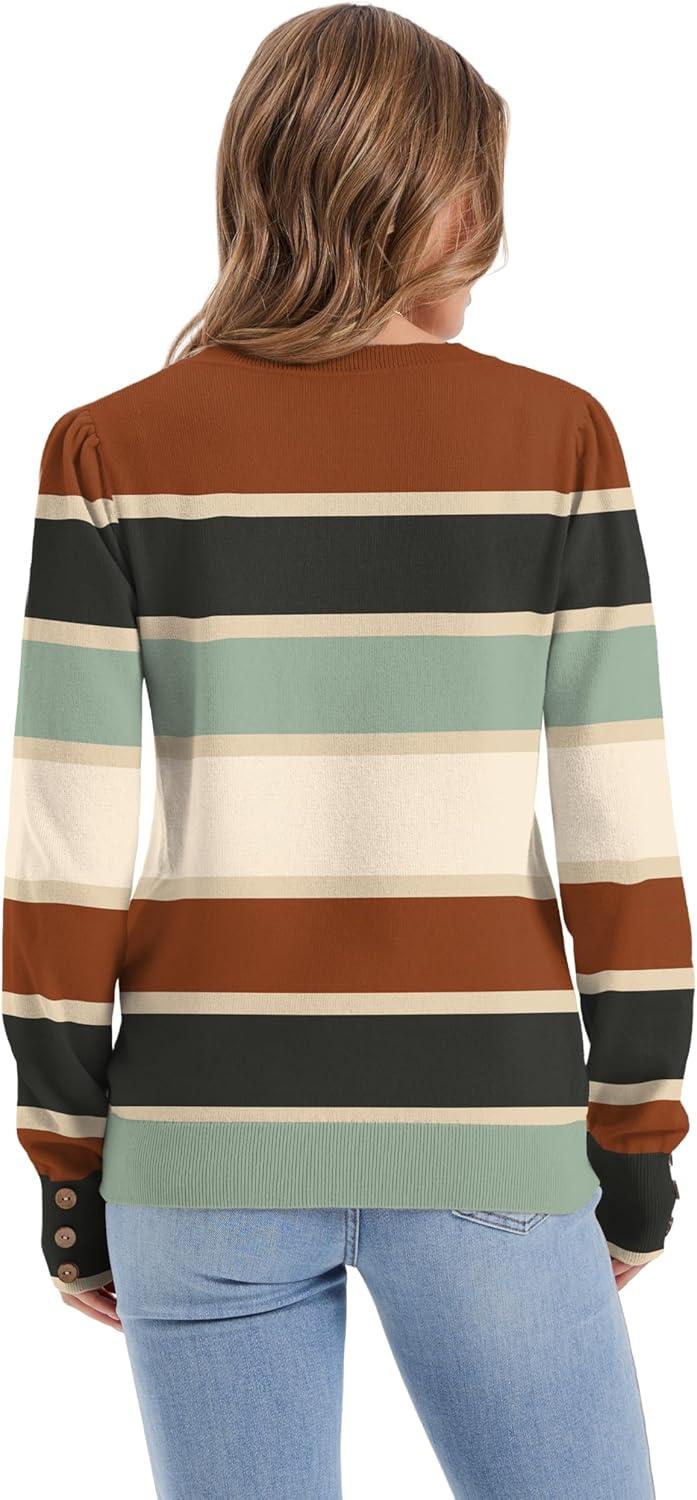 imageWomens Sweaters Fall Fashion 2025 Long Sleeve Button Cuff Soft Knit Pullover Trendy Tops Dressy Casual BlousesStripe