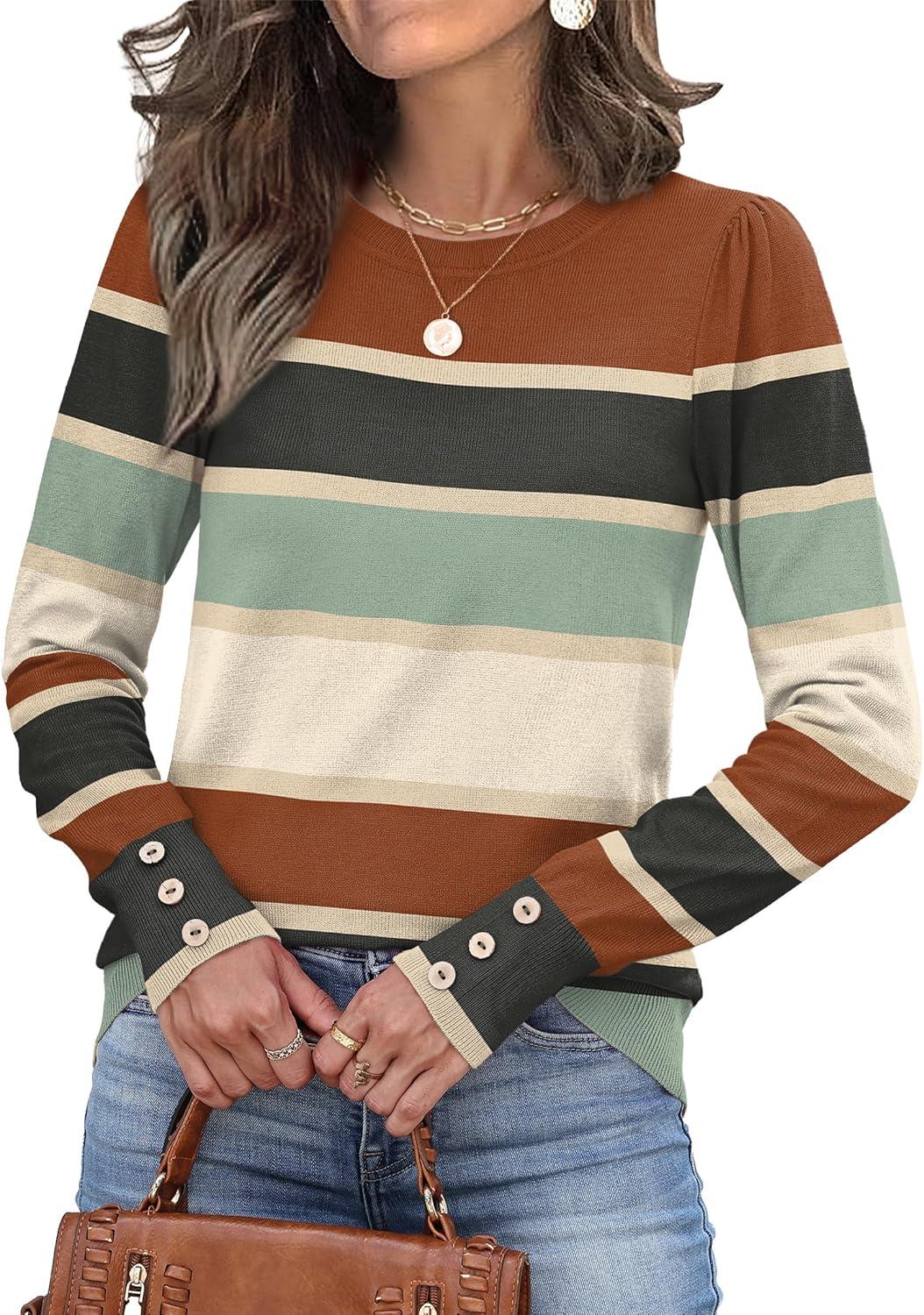 imageWomens Sweaters Fall Fashion 2025 Long Sleeve Button Cuff Soft Knit Pullover Trendy Tops Dressy Casual BlousesStripe