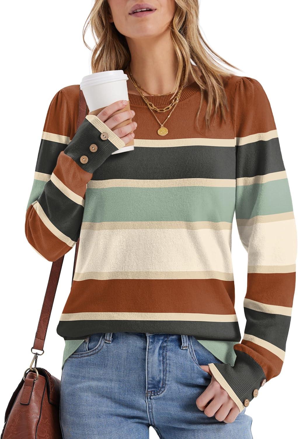 imageWomens Sweaters Fall Fashion 2025 Long Sleeve Button Cuff Soft Knit Pullover Trendy Tops Dressy Casual BlousesStripe