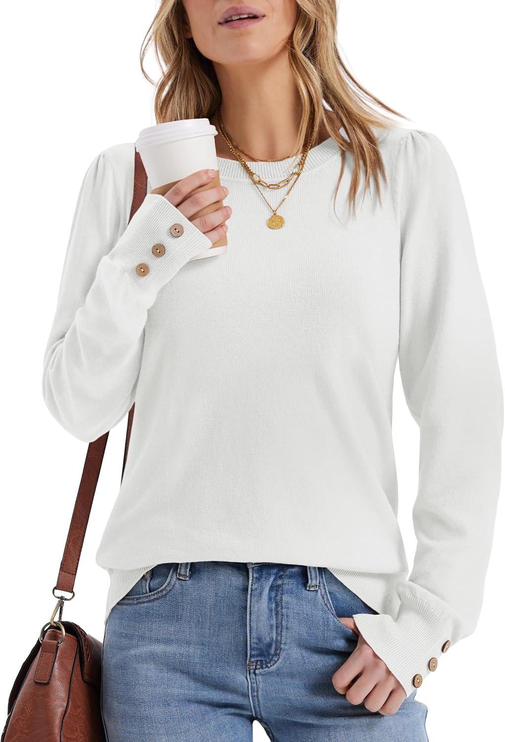 imageWomens Sweaters Fall Fashion 2025 Long Sleeve Button Cuff Soft Knit Pullover Trendy Tops Dressy Casual BlousesWhite