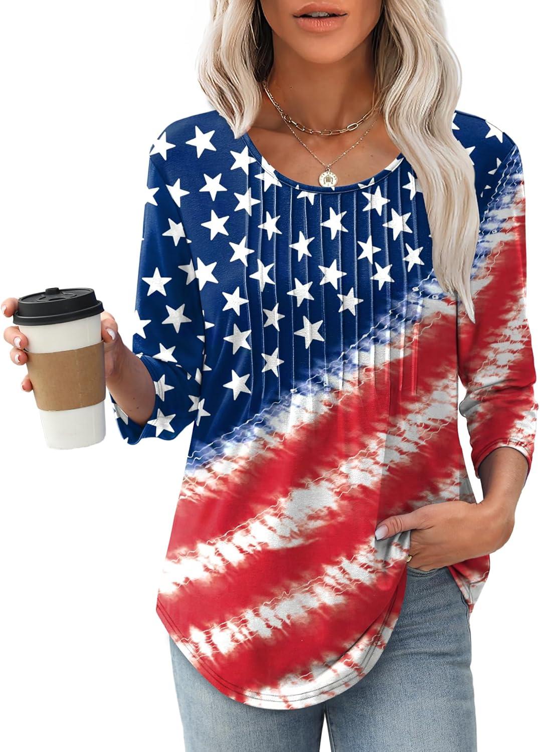 imageXIEERDUO 34 Length Sleeve Tops for Women 2025 Crewneck Casual Pleated Tunic Tops Loose Fit Shirts BlousesFflag