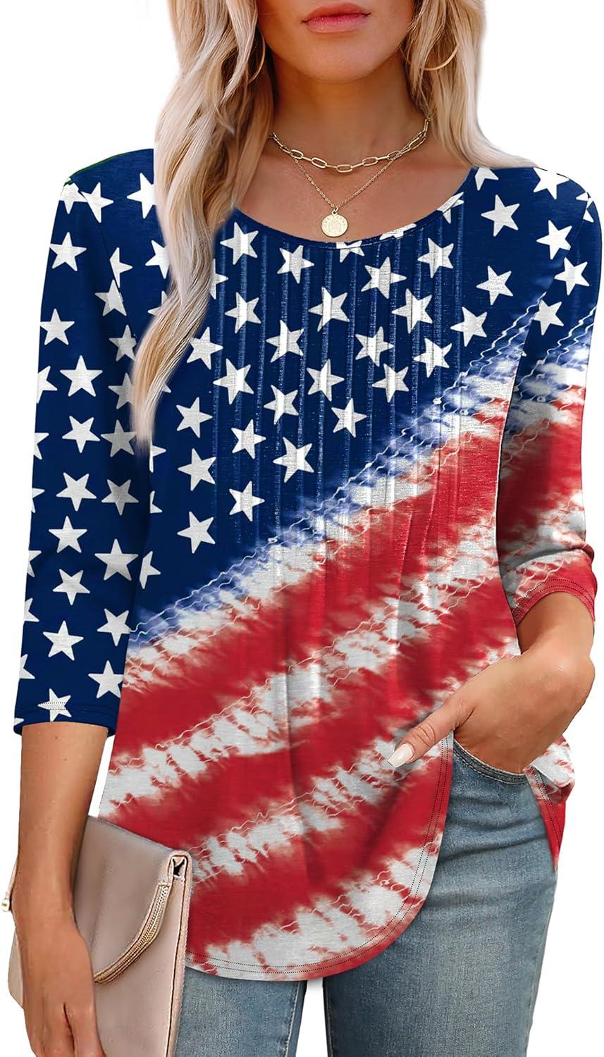 imageXIEERDUO 34 Length Sleeve Tops for Women 2025 Crewneck Casual Pleated Tunic Tops Loose Fit Shirts BlousesFflag