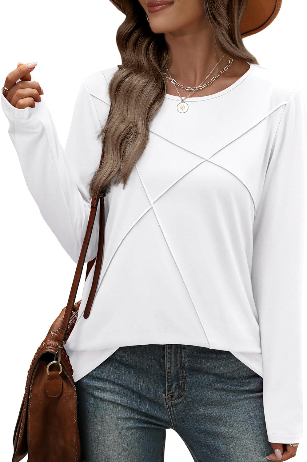 imageXIEERDUO Long Sleeve Shirts for Women Business Casual Tops Trendy Crewneck Fall T Shirts Pleated Loose FitA White