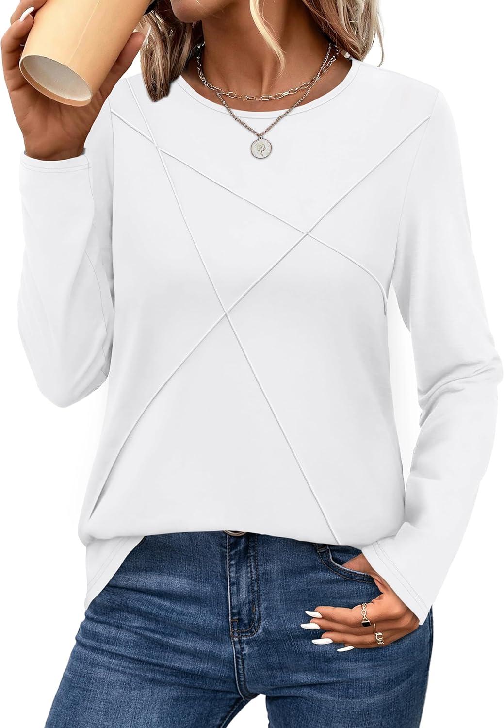 imageXIEERDUO Long Sleeve Shirts for Women Business Casual Tops Trendy Crewneck Fall T Shirts Pleated Loose FitA White