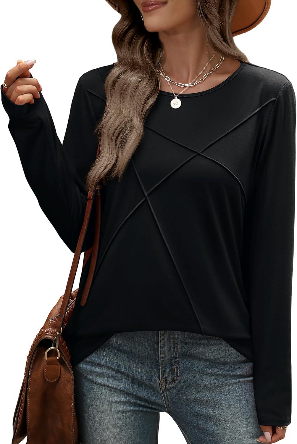 imageXIEERDUO Long Sleeve Shirts for Women Business Casual Tops Trendy Crewneck Fall T Shirts Pleated Loose FitBlack