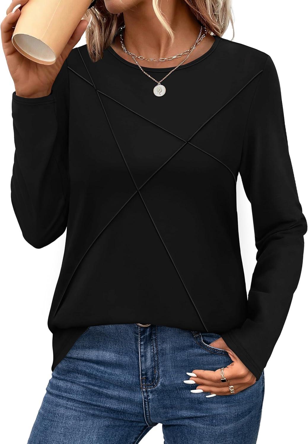 imageXIEERDUO Long Sleeve Shirts for Women Business Casual Tops Trendy Crewneck Fall T Shirts Pleated Loose FitBlack