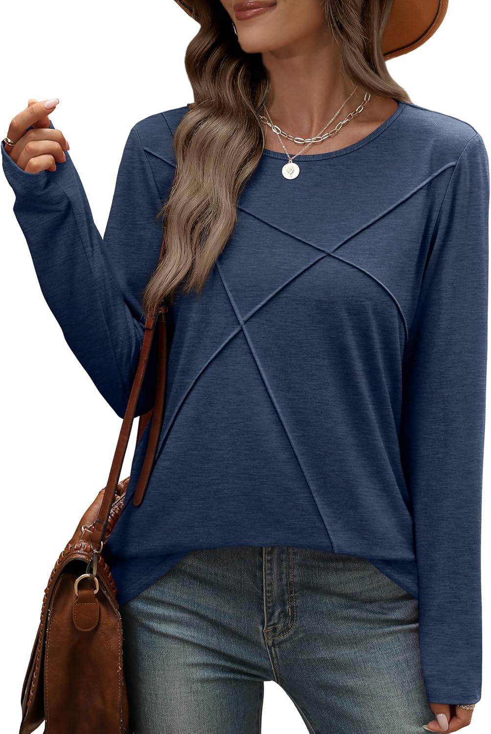 imageXIEERDUO Long Sleeve Shirts for Women Business Casual Tops Trendy Crewneck Fall T Shirts Pleated Loose FitBlue