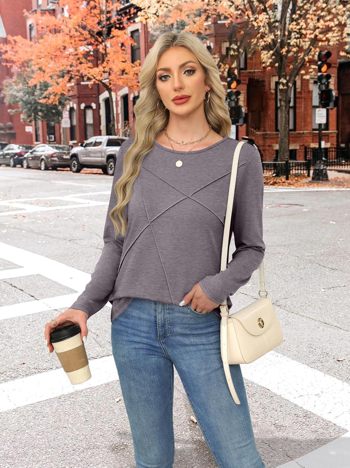 imageXIEERDUO Long Sleeve Shirts for Women Business Casual Tops Trendy Crewneck Fall T Shirts Pleated Loose FitCoffee Grey
