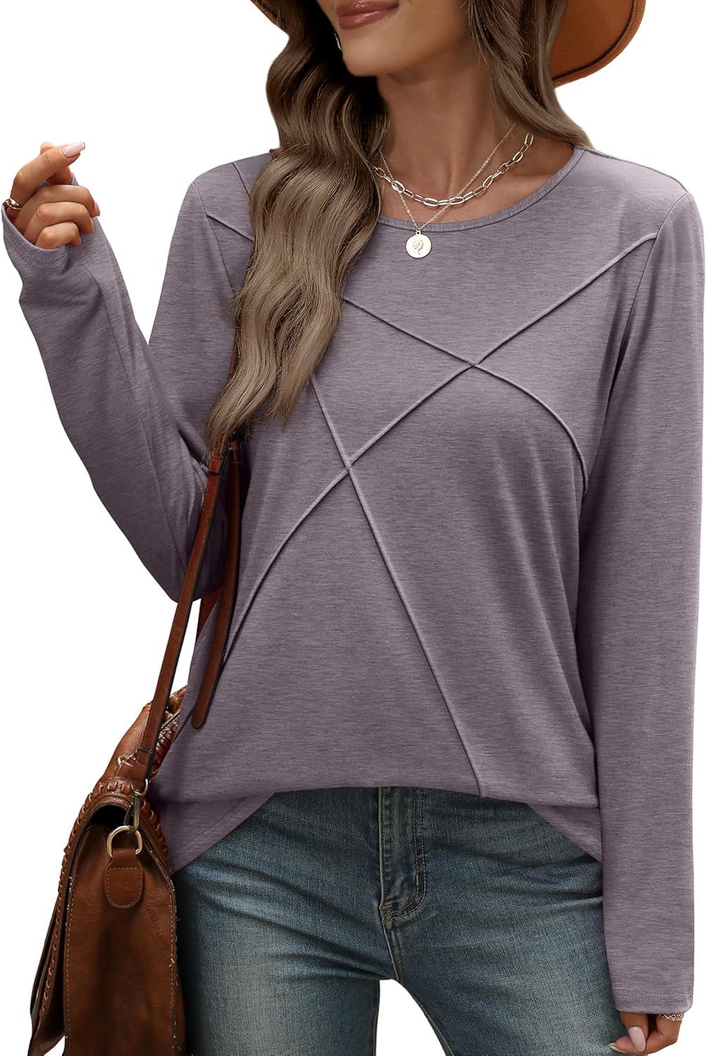 imageXIEERDUO Long Sleeve Shirts for Women Business Casual Tops Trendy Crewneck Fall T Shirts Pleated Loose FitCoffee Grey
