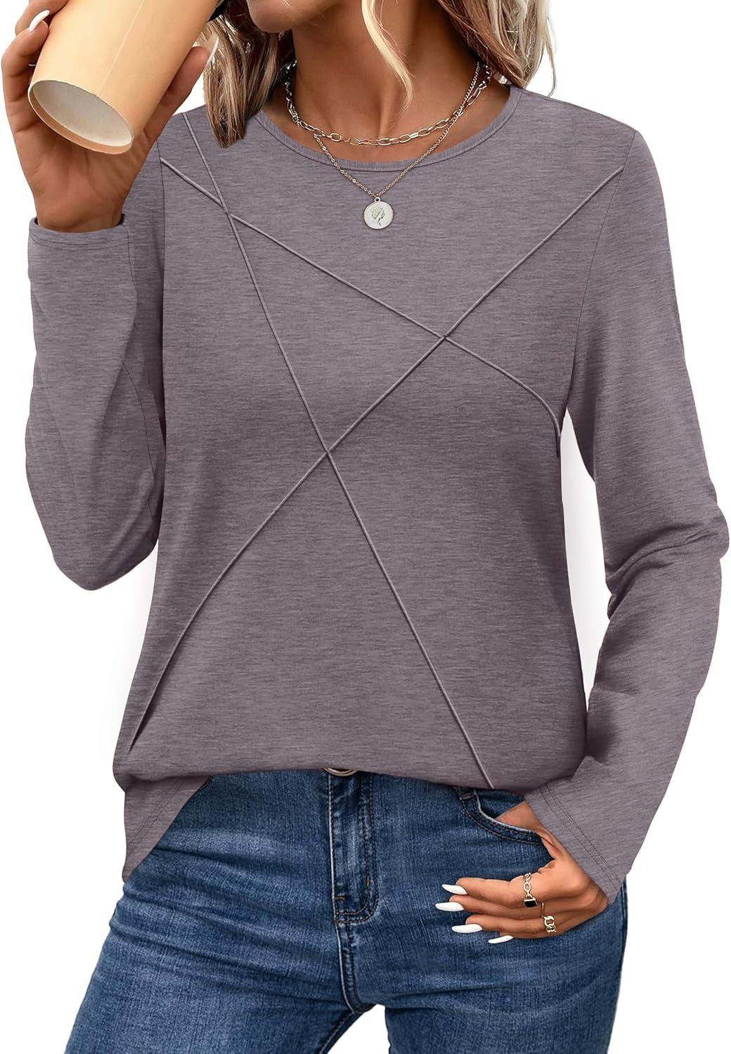 imageXIEERDUO Long Sleeve Shirts for Women Business Casual Tops Trendy Crewneck Fall T Shirts Pleated Loose FitCoffee Grey