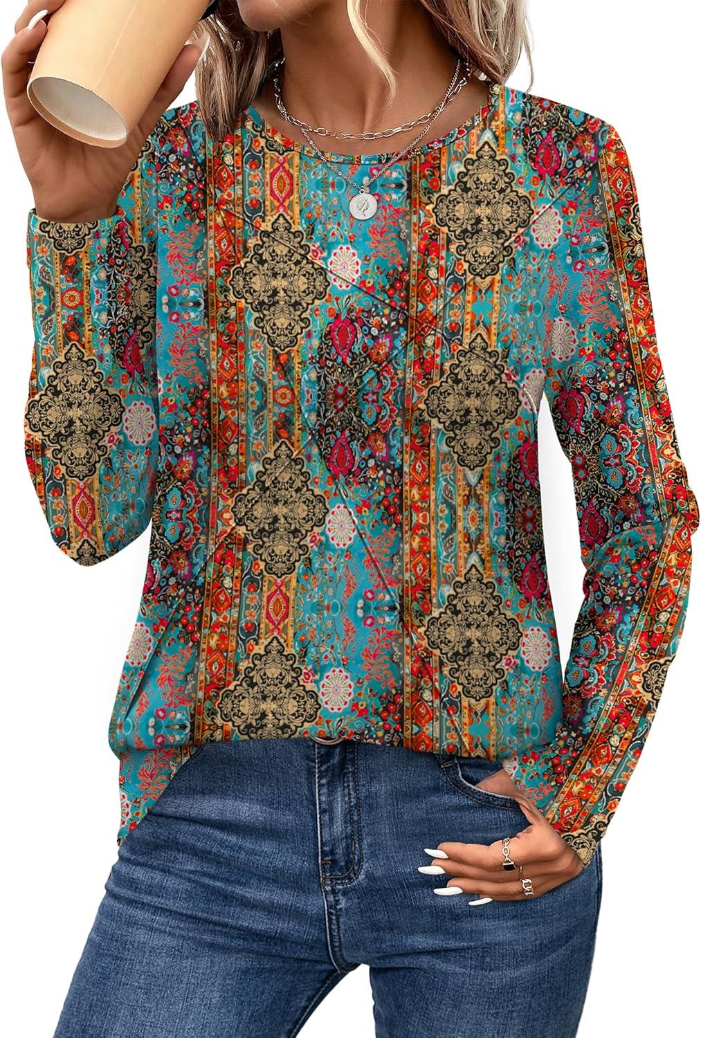 imageXIEERDUO Long Sleeve Shirts for Women Business Casual Tops Trendy Crewneck Fall T Shirts Pleated Loose FitD Colorful Boho