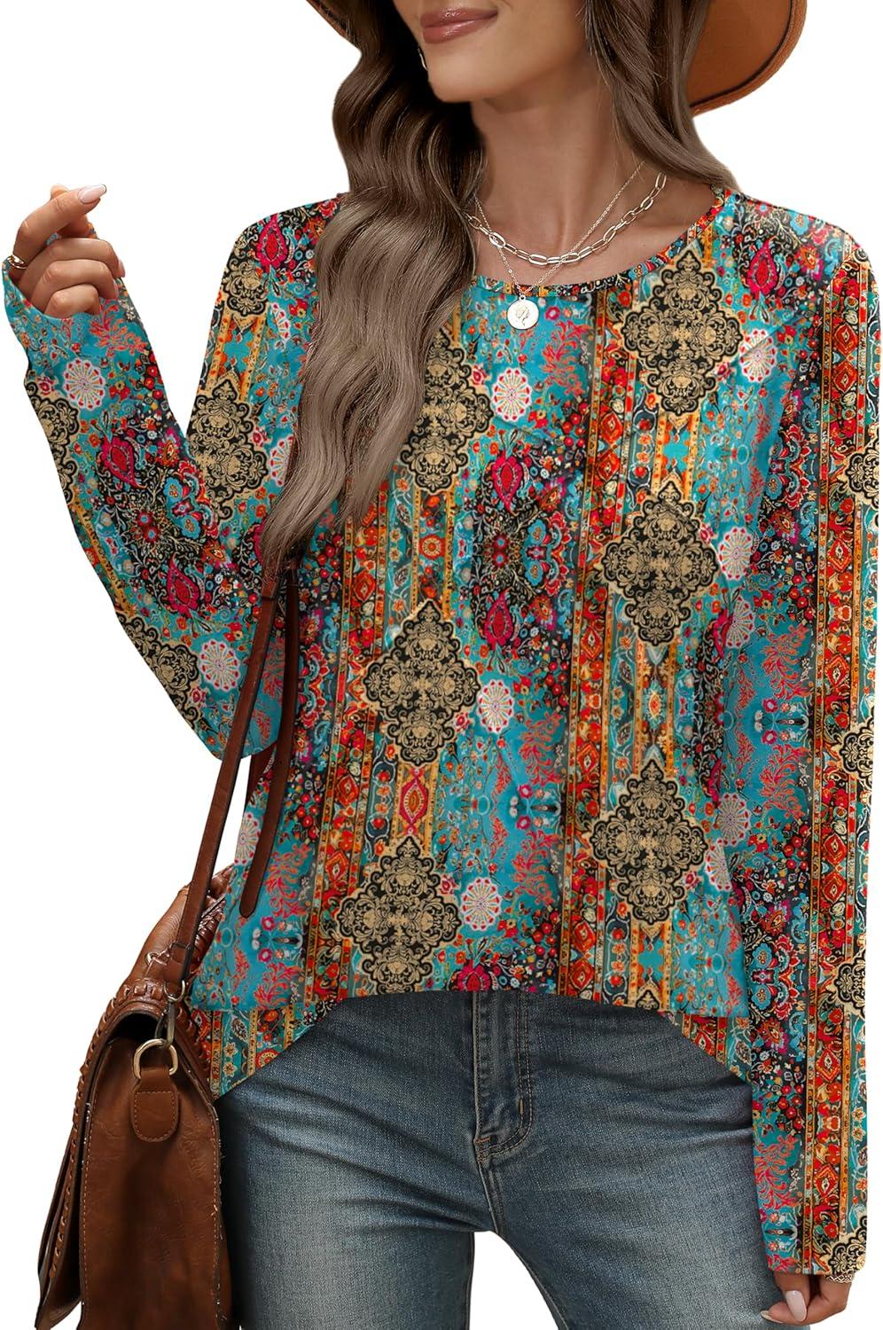 imageXIEERDUO Long Sleeve Shirts for Women Business Casual Tops Trendy Crewneck Fall T Shirts Pleated Loose FitD Colorful Boho