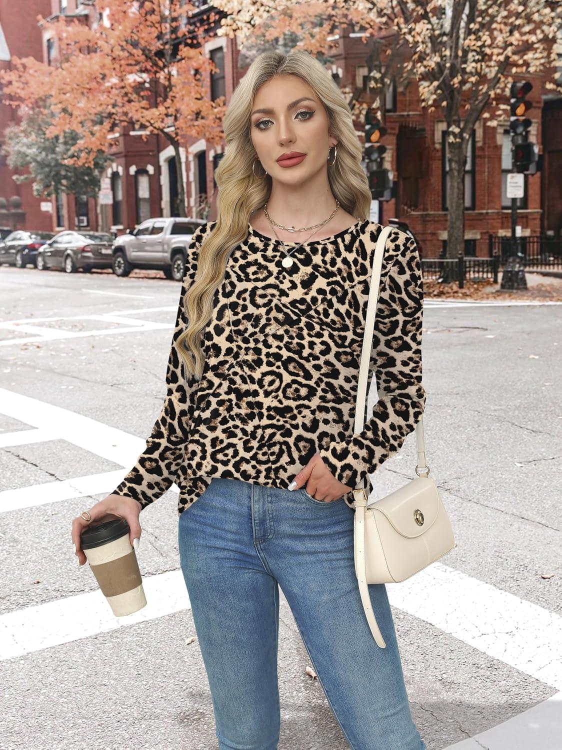 imageXIEERDUO Long Sleeve Shirts for Women Business Casual Tops Trendy Crewneck Fall T Shirts Pleated Loose FitD Leopard