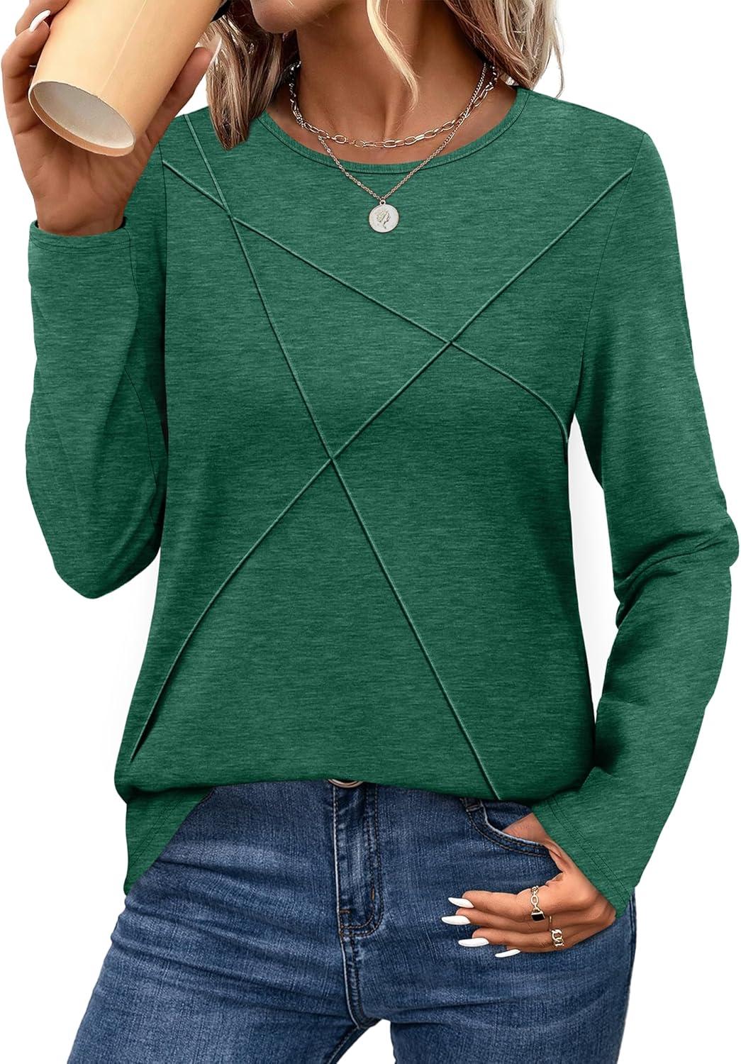 imageXIEERDUO Long Sleeve Shirts for Women Business Casual Tops Trendy Crewneck Fall T Shirts Pleated Loose FitGreen