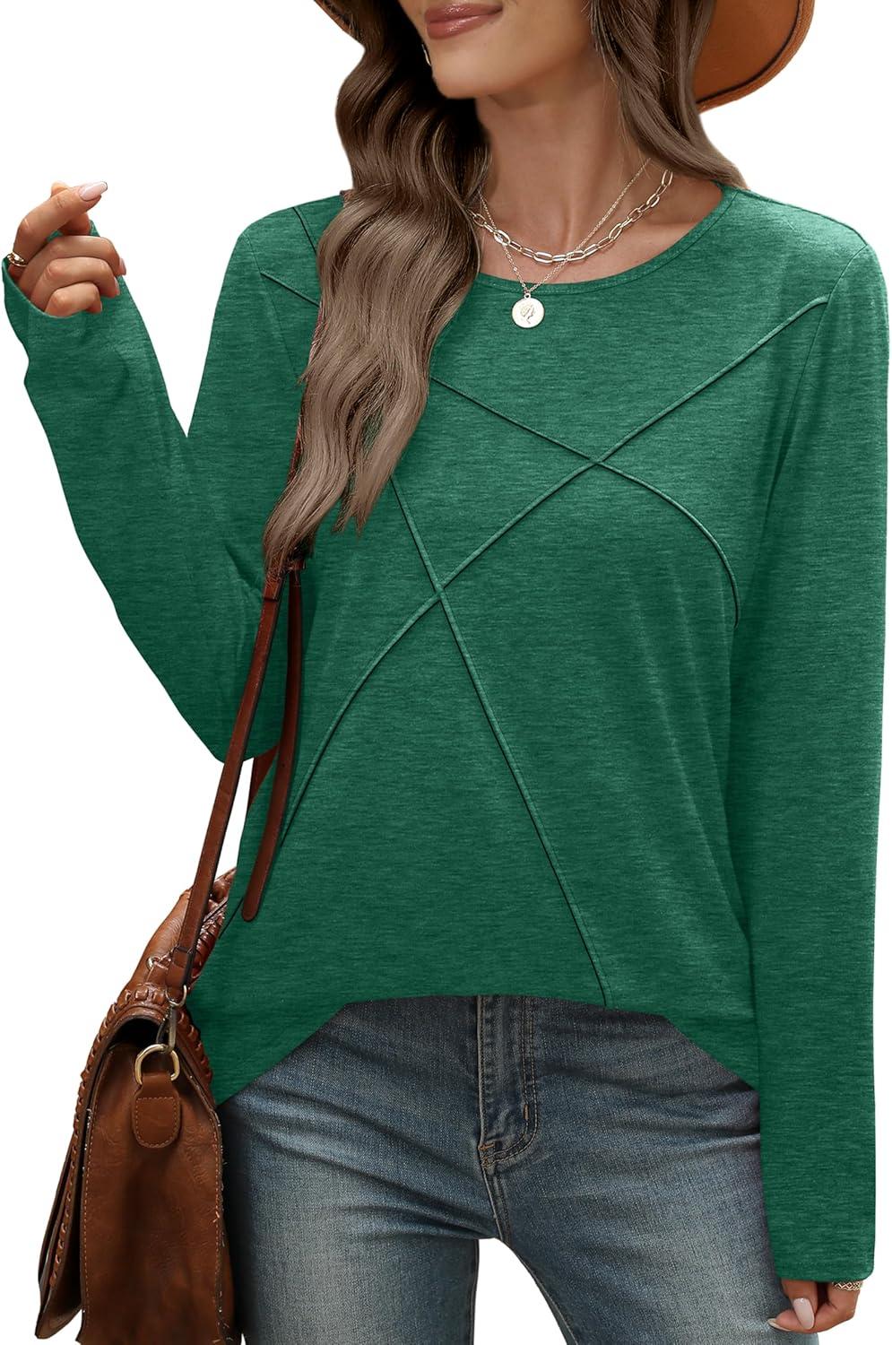 imageXIEERDUO Long Sleeve Shirts for Women Business Casual Tops Trendy Crewneck Fall T Shirts Pleated Loose FitGreen