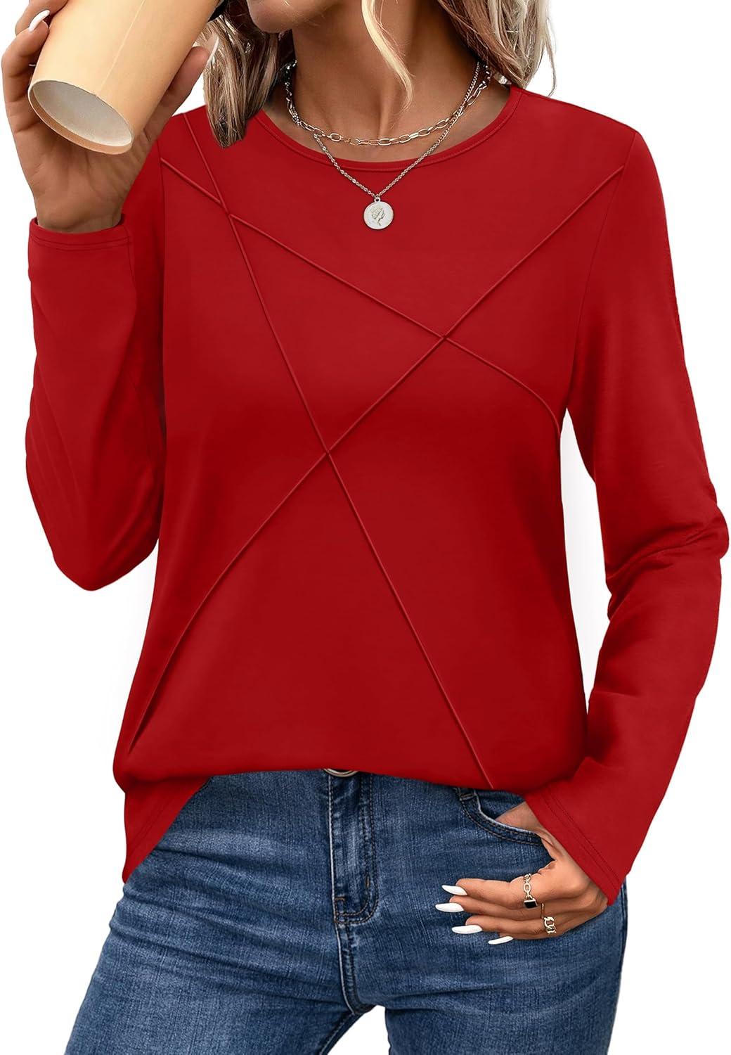 imageXIEERDUO Long Sleeve Shirts for Women Business Casual Tops Trendy Crewneck Fall T Shirts Pleated Loose FitRed