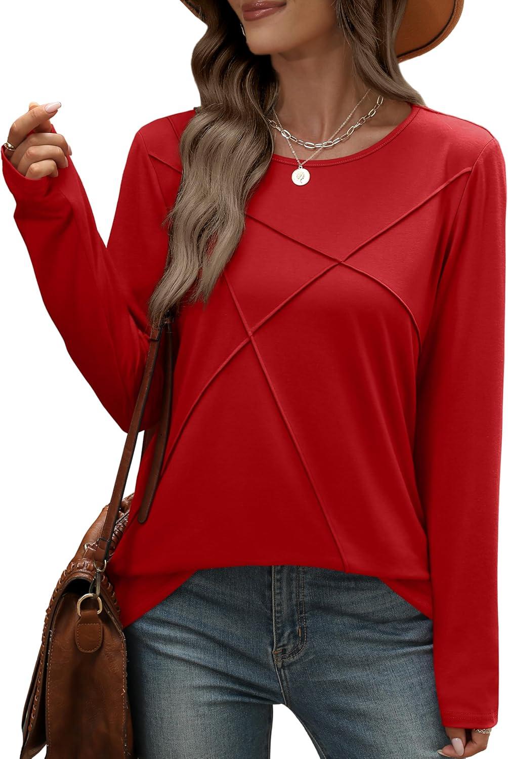 imageXIEERDUO Long Sleeve Shirts for Women Business Casual Tops Trendy Crewneck Fall T Shirts Pleated Loose FitRed