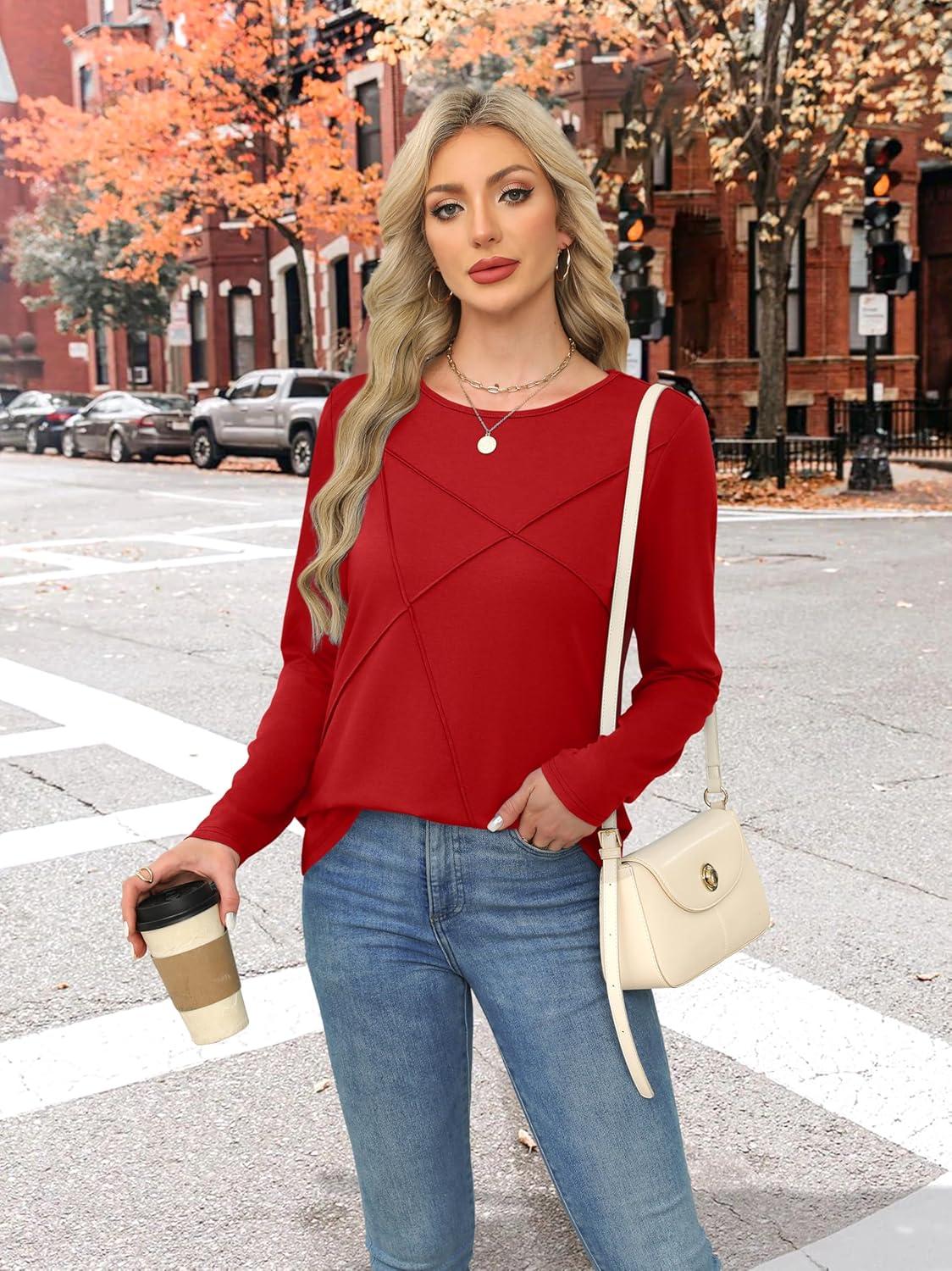 imageXIEERDUO Long Sleeve Shirts for Women Business Casual Tops Trendy Crewneck Fall T Shirts Pleated Loose FitRed
