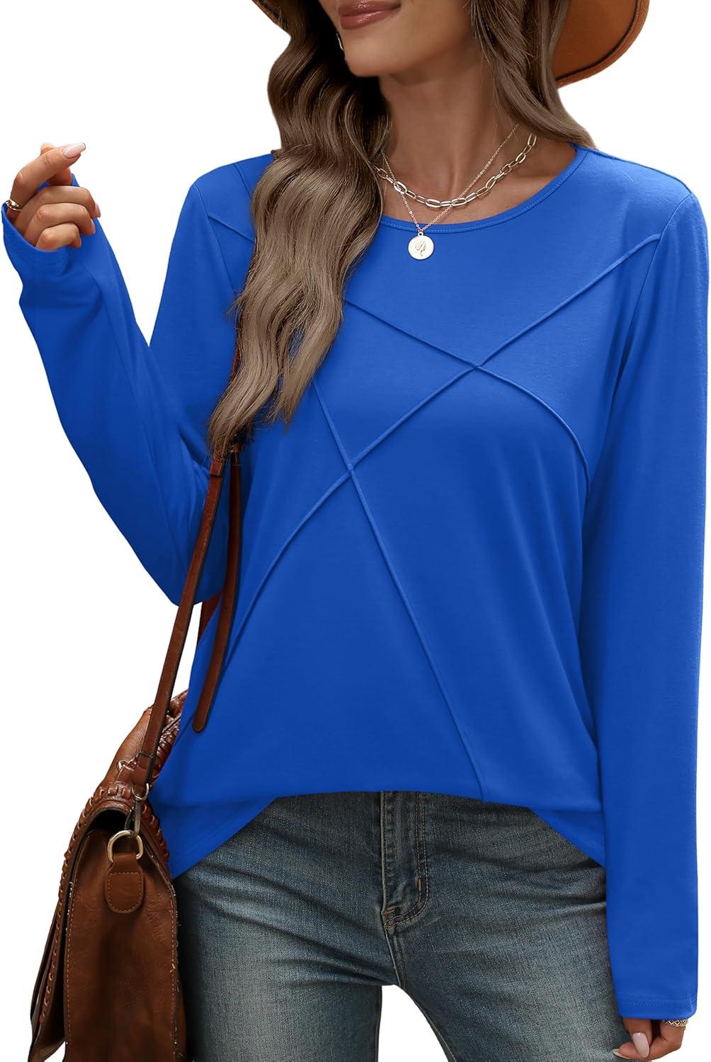 imageXIEERDUO Long Sleeve Shirts for Women Business Casual Tops Trendy Crewneck Fall T Shirts Pleated Loose FitRoyal Blue