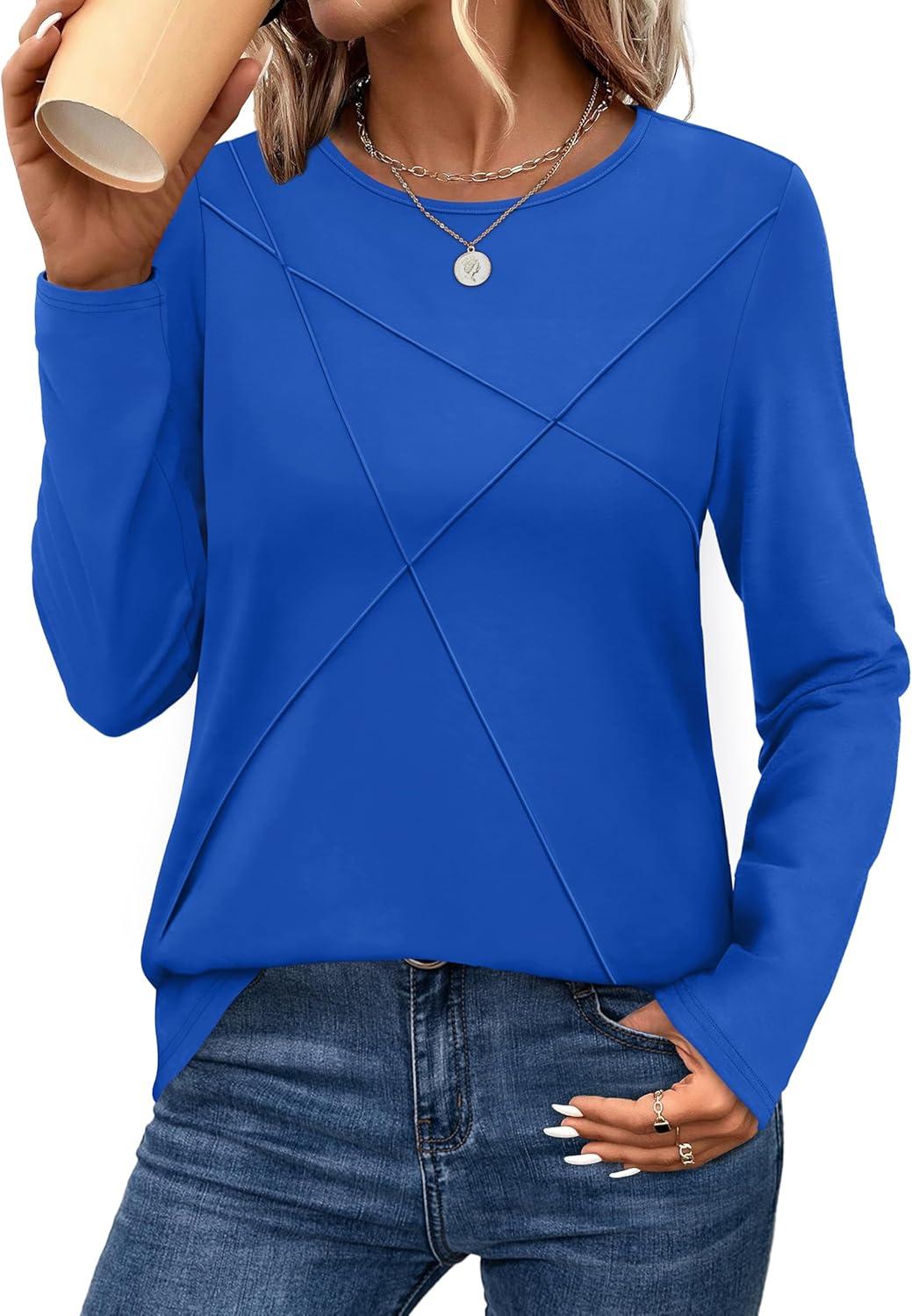 imageXIEERDUO Long Sleeve Shirts for Women Business Casual Tops Trendy Crewneck Fall T Shirts Pleated Loose FitRoyal Blue