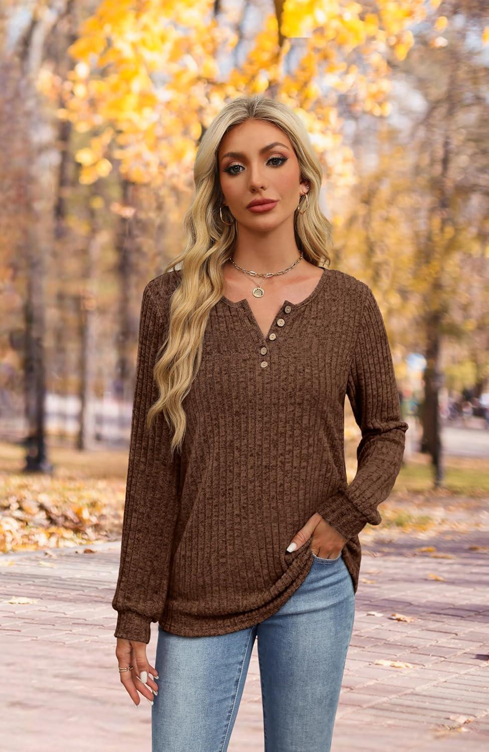 imageXIEERDUO Sweater for Women Winter Clothing Long Sleeve Shirts Fall Fashion Must Haves Comfiest Airport Outfits TrendyBrown