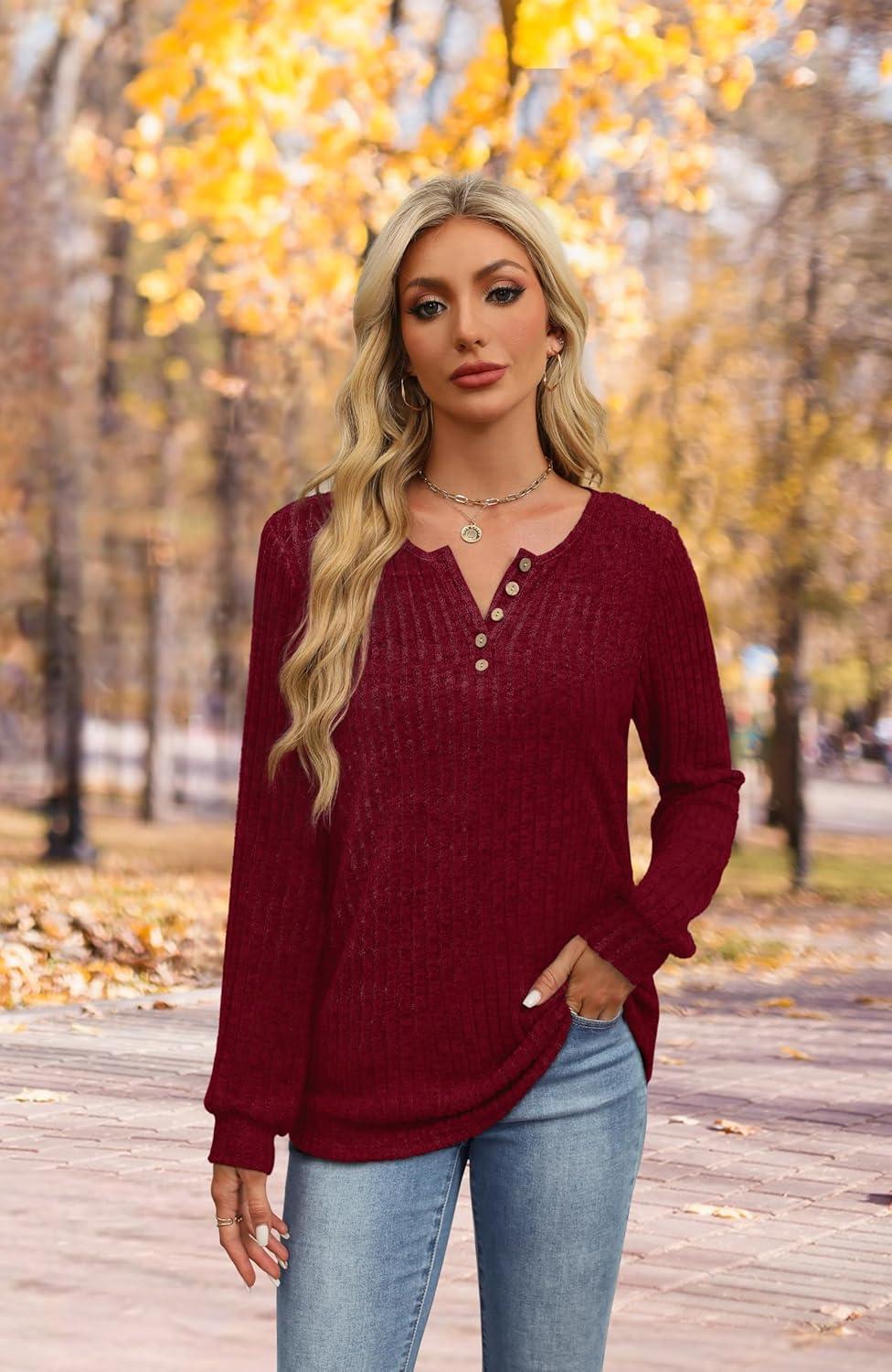 imageXIEERDUO Sweater for Women Winter Clothing Long Sleeve Shirts Fall Fashion Must Haves Comfiest Airport Outfits TrendyBurgundy