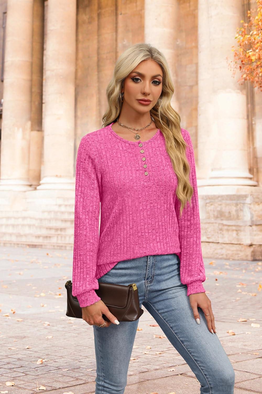 imageXIEERDUO Sweater for Women Winter Clothing Long Sleeve Shirts Fall Fashion Must Haves Comfiest Airport Outfits TrendyHot Pink