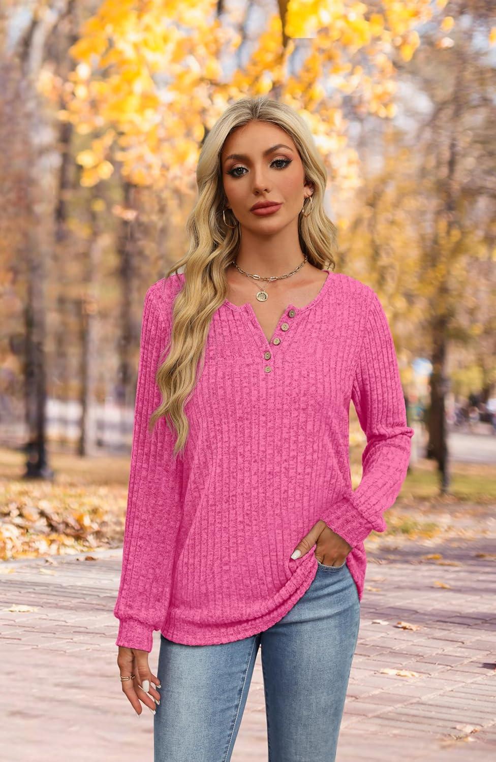 imageXIEERDUO Sweater for Women Winter Clothing Long Sleeve Shirts Fall Fashion Must Haves Comfiest Airport Outfits TrendyHot Pink