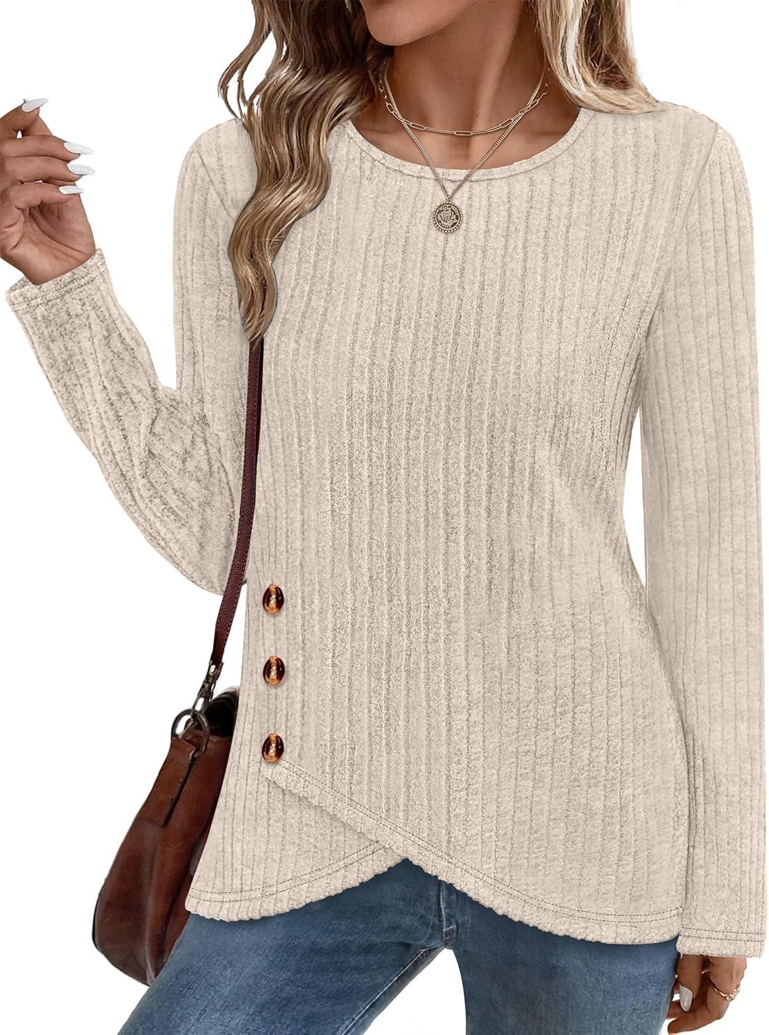 imageXIEERDUO Tunic Sweaters for Women Long Sleeve Shirts Crew Neck Tops with Buttons Fall Fashion Outfits Winter ClothingBeige