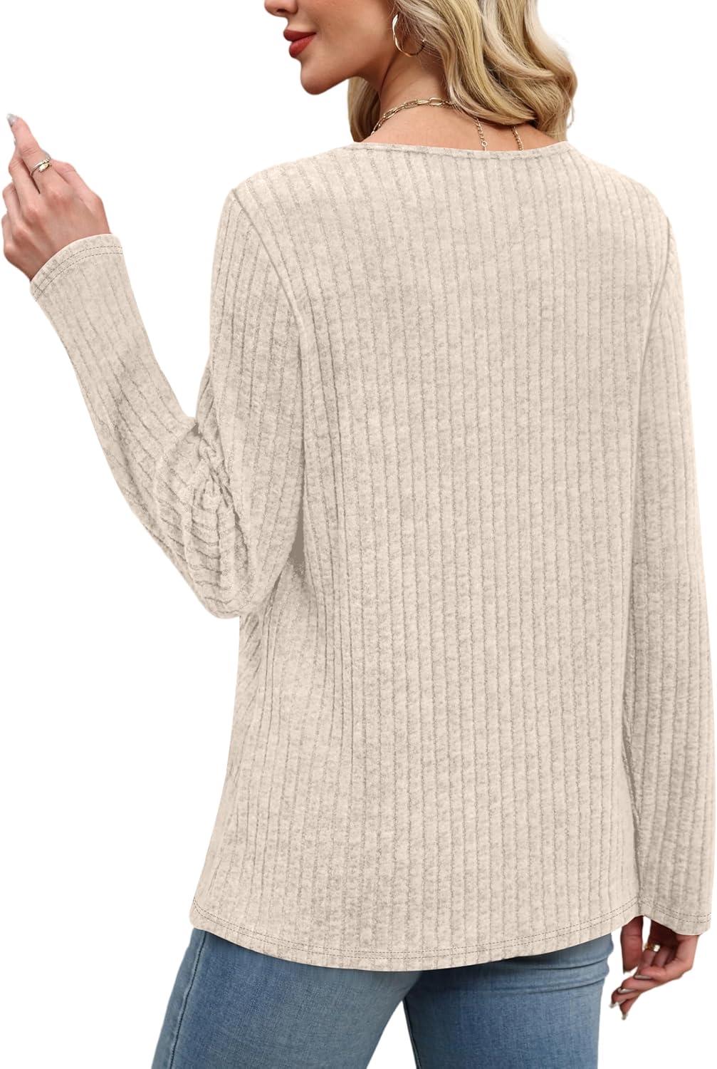 imageXIEERDUO Tunic Sweaters for Women Long Sleeve Shirts Crew Neck Tops with Buttons Fall Fashion Outfits Winter ClothingBeige