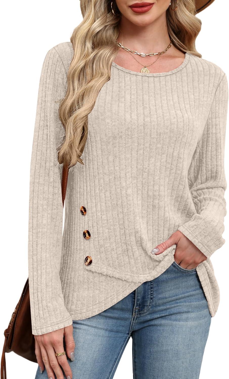 imageXIEERDUO Tunic Sweaters for Women Long Sleeve Shirts Crew Neck Tops with Buttons Fall Fashion Outfits Winter ClothingBeige