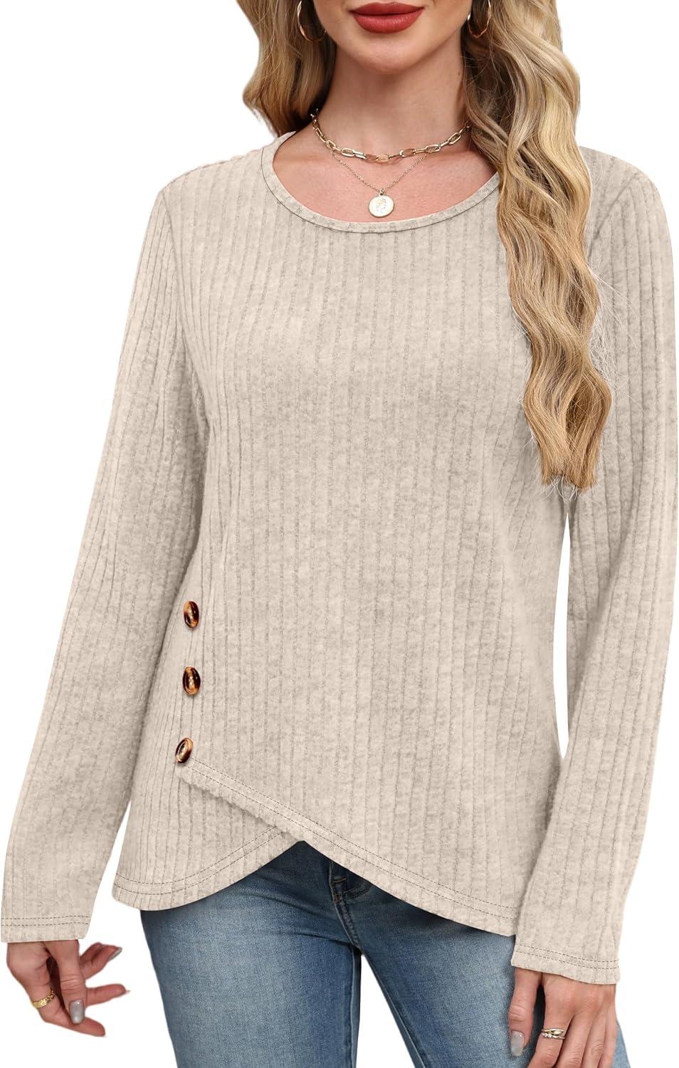 imageXIEERDUO Tunic Sweaters for Women Long Sleeve Shirts Crew Neck Tops with Buttons Fall Fashion Outfits Winter ClothingBeige