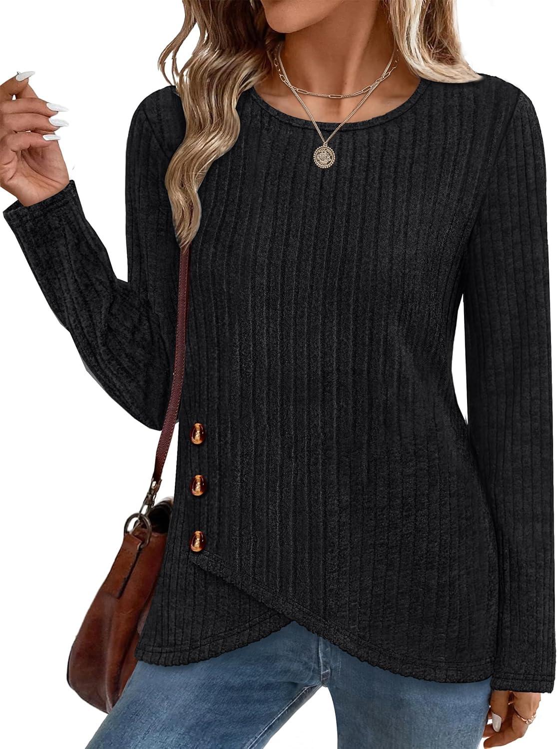 imageXIEERDUO Tunic Sweaters for Women Long Sleeve Shirts Crew Neck Tops with Buttons Fall Fashion Outfits Winter ClothingBlack