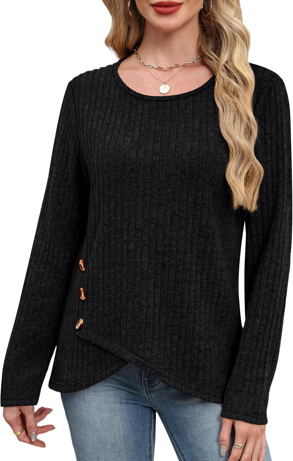 imageXIEERDUO Tunic Sweaters for Women Long Sleeve Shirts Crew Neck Tops with Buttons Fall Fashion Outfits Winter ClothingBlack