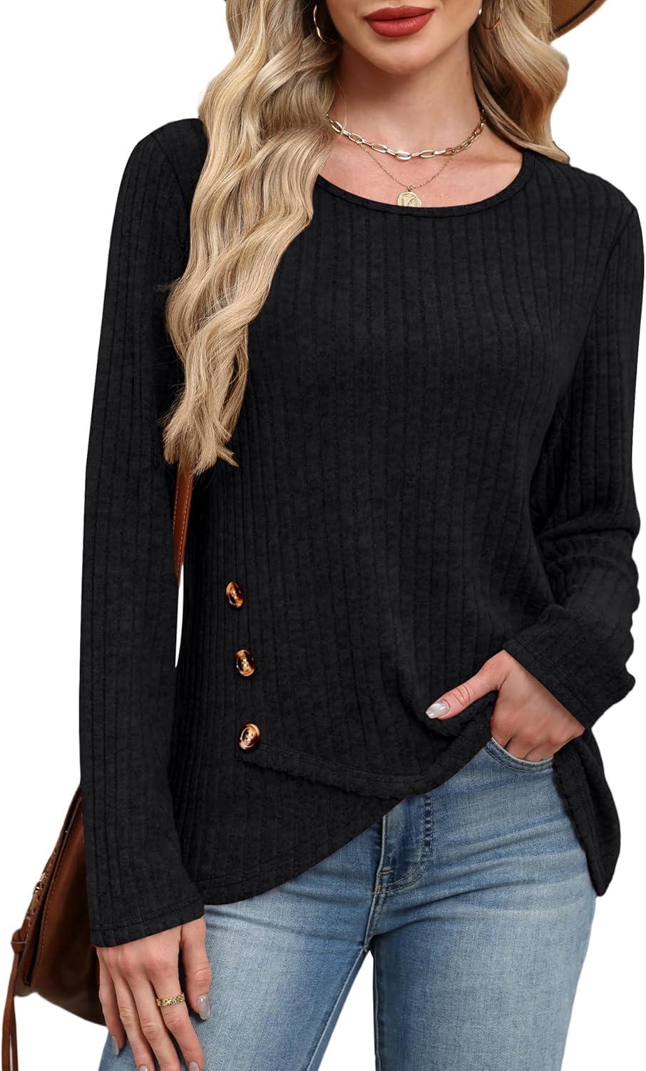 imageXIEERDUO Tunic Sweaters for Women Long Sleeve Shirts Crew Neck Tops with Buttons Fall Fashion Outfits Winter ClothingBlack