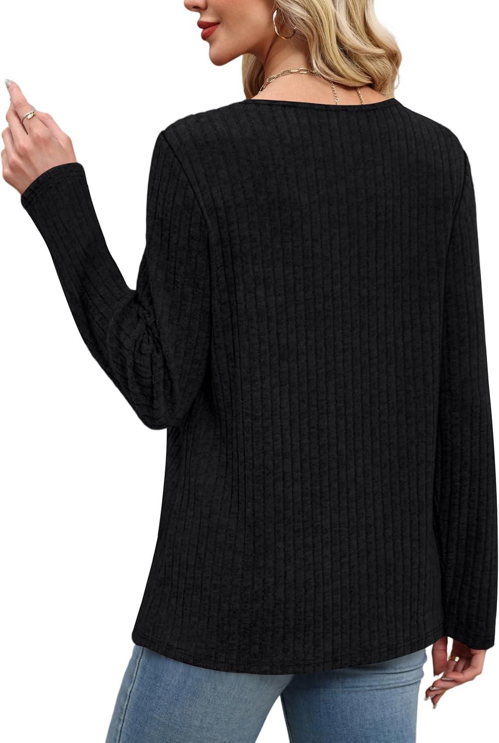 imageXIEERDUO Tunic Sweaters for Women Long Sleeve Shirts Crew Neck Tops with Buttons Fall Fashion Outfits Winter ClothingBlack